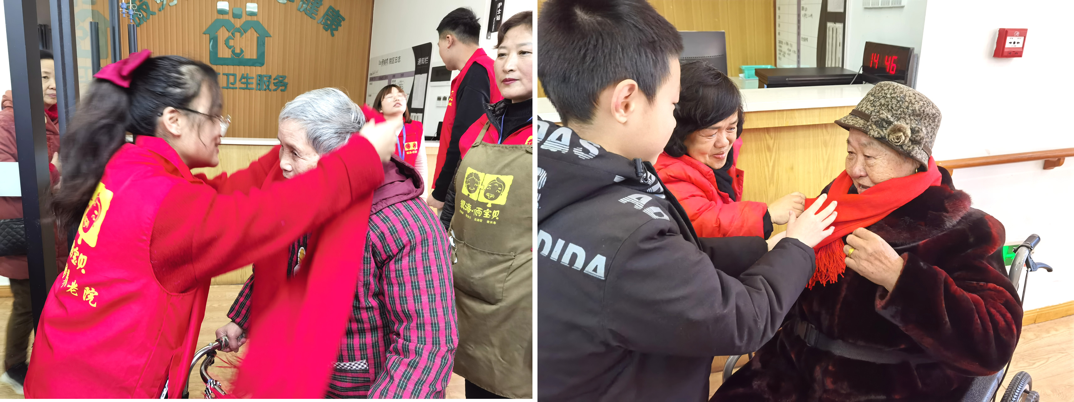 倆寶貝工作人員給奶奶戴圍巾